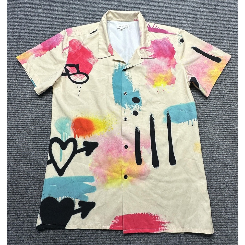 PacSun Shirt‎ Mens Small Beige Paint Splatter Camp Button Up Art To Wear Heart